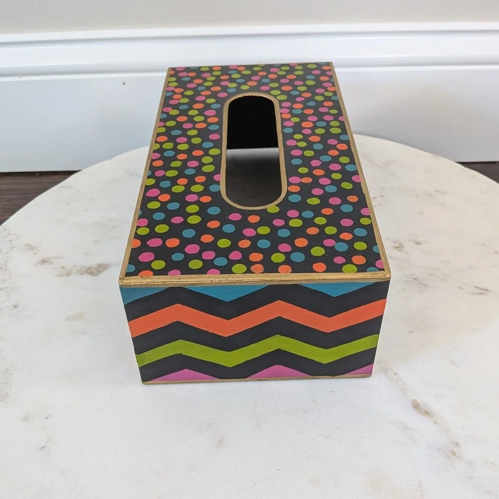 Mackenzie Childs Trampoline Standard Tissue Box Cover Bright Zig Zag Polka Dots - Picture 3 of 7